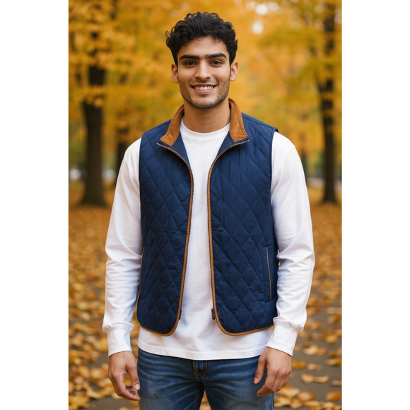 NEW David Donahue Quilted Golf Vest Size Medium Navy with Brown Suede Like Trim